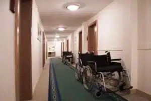 Hospital hallway with wheelchairs for discharge