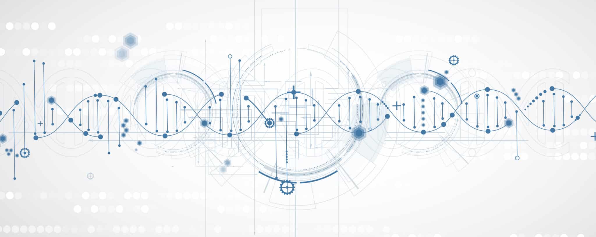 Abstract hexagons, DNA strands, connected neural web, science and technology background DNA molecules and AI